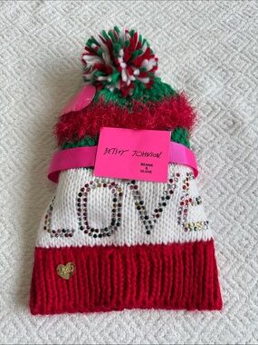 Betsey Johnson Red, White & Green Rhinestone 'LOVE' Pom Beanie/Gloves